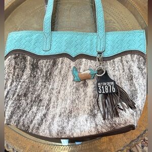 Holy Cow Couture Brindle Hair On Hide & Turquoise & Brown Leather Tote Bag